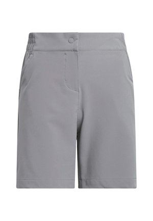 Grå shorts i mellem længde med elastisk sidesmæk, front knap og sidelommer, vist på hvid baggrund.