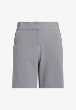 Grå shorts i mellem længde med elastisk sidesmæk, front knap og sidelommer, vist på hvid baggrund.