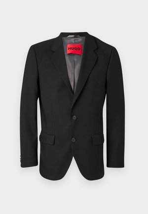 Black tailored blazer made from structured fabric. Features notched lapels, two front pockets, and a single-breasted button closure.