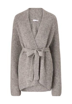 Beige chunky gebreide cardigan met lange mouwen en een strikceintuur in de taille, met een diepe V-hals en een textuurpatroon.