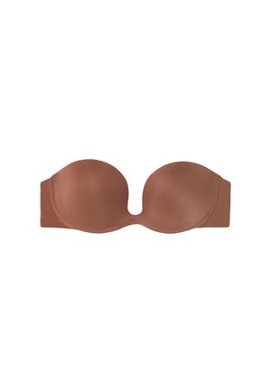 Bh in een gedempte bruin kleur, met een gladde padding, onderdraad ondersteuning en een naadloos ontwerp; strapless met een brede band.