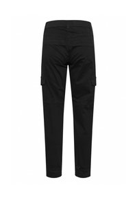 Pantalons cargo noirs avec poches latérales, poignets élastiques et poches arrière. Fabriqués en tissu durable avec une texture lisse et un design ajusté.