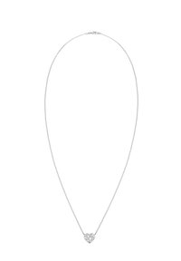 Sølv kæd necklace med hjertevedhæng med intrikat gitterdesign. Minimalistisk stil, glat tekstur og sikker lås.