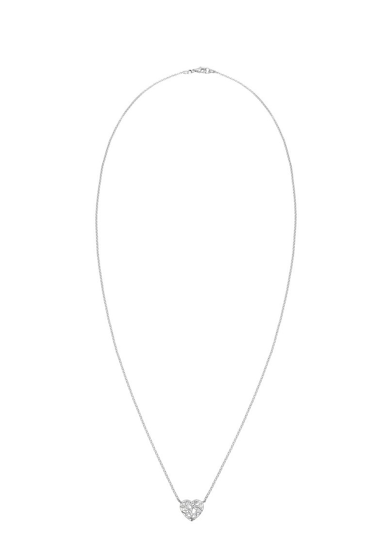 Sølv kæd necklace med hjertevedhæng med intrikat gitterdesign. Minimalistisk stil, glat tekstur og sikker lås.