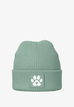 Mint green ribbed beanie featuring a folded cuff and patch with a white paw print and heart design. Soft texture and stretchy fit.