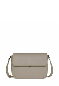 Borsa a tracolla in materiale sintetico taupe chiaro con chiusura a patta, dettaglio logo discreto e tracolla regolabile. Tessuto liscio con una forma strutturata.