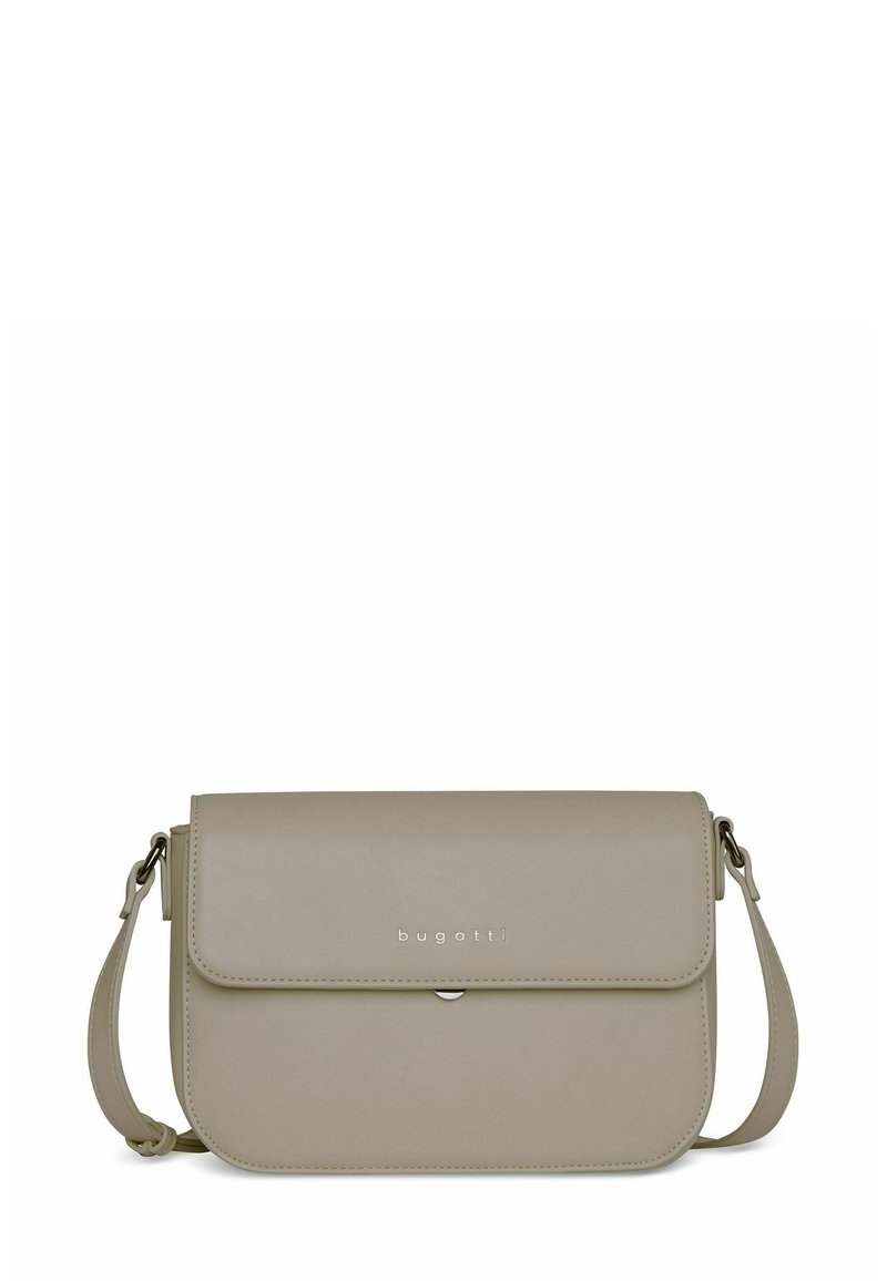 Borsa a tracolla in materiale sintetico taupe chiaro con chiusura a patta, dettaglio logo discreto e tracolla regolabile. Tessuto liscio con una forma strutturata.