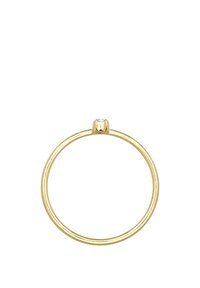 Goldring mit einem glatten, dünnen Band und einem einzelnen, runden klaren Edelstein, der oben eingesetzt ist. Einfaches und minimalistisches Design.