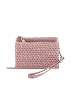 Pink textured wallet with a raised dot pattern, featuring a zip closure, wrist strap, and silver hardware accents.