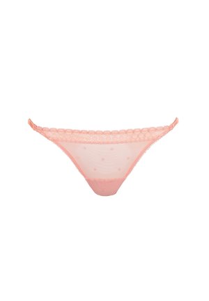 Roze kanten string met een polkadotpatroon, voorzien van geschulpte randen en verstelbare zijbandjes voor een aangepaste pasvorm.