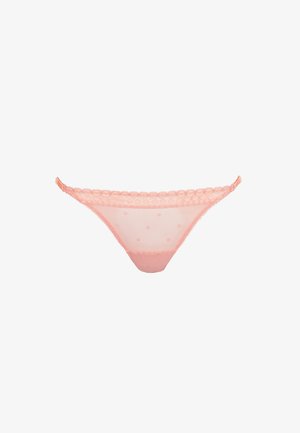 Roze kanten string met een polkadotpatroon, voorzien van geschulpte randen en verstelbare zijbandjes voor een aangepaste pasvorm.