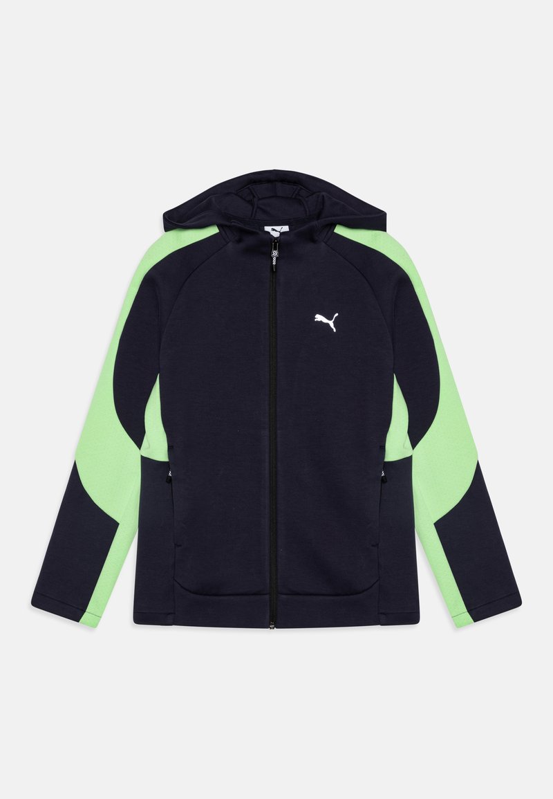 Sudadera azul marina con acentos en verde claro, cierre con cremallera y un logo. Cuenta con capucha y diseño de panel dividido en las mangas. Textura de tela suave.