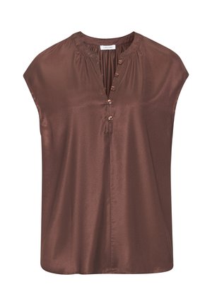 Braune satinierte ärmellose Bluse mit V-Ausschnitt, Knopfleiste und leicht gerafften Schultern. Glatte Textur mit glänzendem Finish.