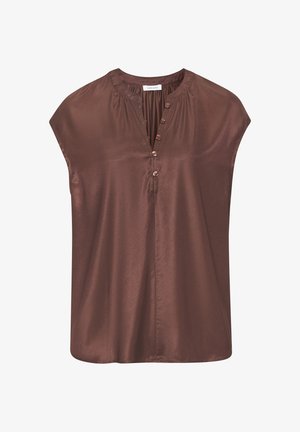 Braune satinierte ärmellose Bluse mit V-Ausschnitt, Knopfleiste und leicht gerafften Schultern. Glatte Textur mit glänzendem Finish.