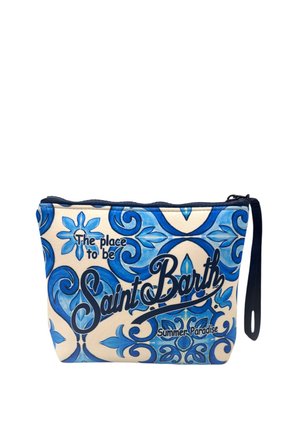 Piccola pochette con cerniera con motivi floreali blu e la scritta "The place to be Saint Barth Summer Paradise" sul davanti e un cinturino nero da polso.