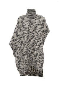 Poncho lavorato a maglia grigio e crema con colletto alto, caratterizzato da un motivo testurizzato, una vestibilità ampia e un orlo asimmetrico.