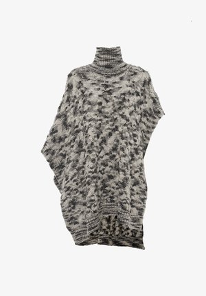 Poncho lavorato a maglia grigio e crema con colletto alto, caratterizzato da un motivo testurizzato, una vestibilità ampia e un orlo asimmetrico.