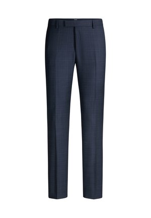 Pantalon de costume bleu marine pour homme, ajusté, avec un motif à carreaux subtil, passants de ceinture et pli marqué à l’avant.