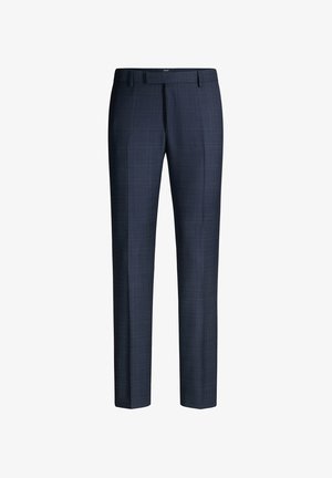 Pantalon de costume bleu marine pour homme, ajusté, avec un motif à carreaux subtil, passants de ceinture et pli marqué à l’avant.