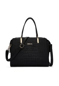 Zwarte handtas met een krokodillenstructuur. Bevat gouden hardware, dubbele bovenhandvatten en een verstelbare schouderband.