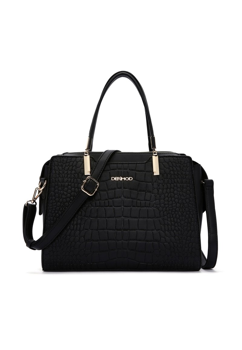Zwarte handtas met een krokodillenstructuur. Bevat gouden hardware, dubbele bovenhandvatten en een verstelbare schouderband.