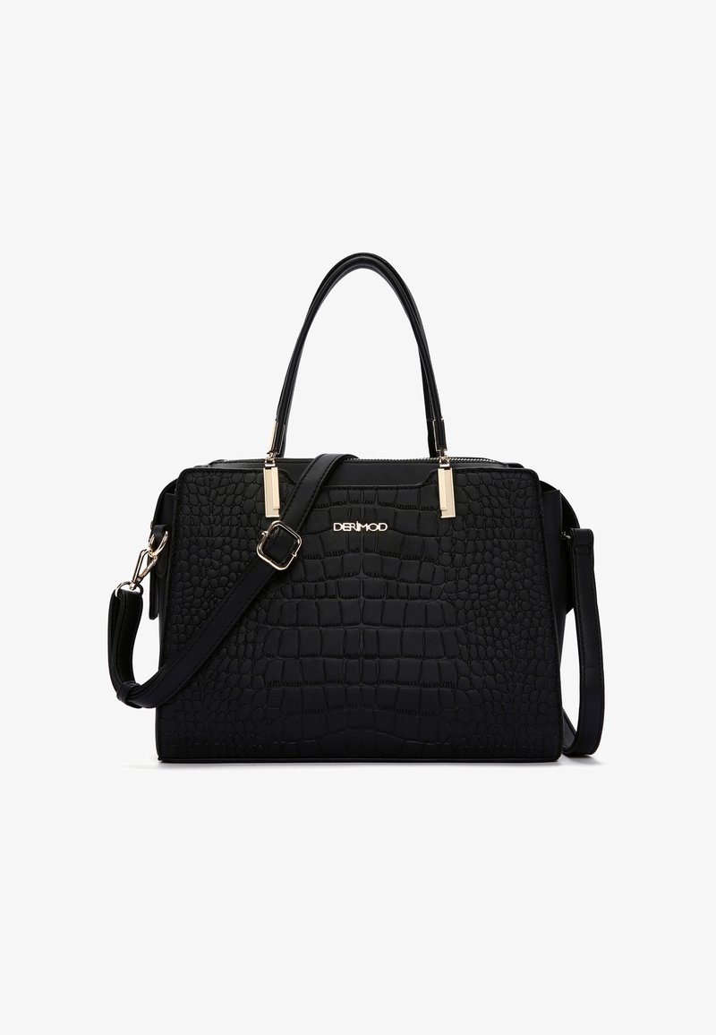 Bolso negro con textura de cocodrilo. Presenta herrajes en tono dorado, doble asa en la parte superior y una correa de hombro ajustable.