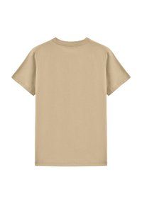 Beżowa bawełniana koszulka z okrągłym dekoltem i krótkimi rękawami. Tkanina jest gładka o jednolitej fakturze, nie posiada wzorów ani akcentów.