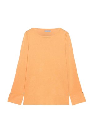 Langærmet striktrøje i ferskenfarve med rund halsudskæring og diskrete manchetter.