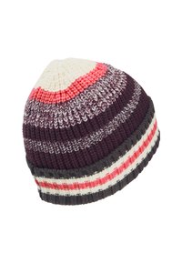 Gebreide muts in donkerpaars, crème en roze strepen. Heeft een zachte textuur met een ronde bovenkant en een geribbelde manchet voor een comfortabele pasvorm.