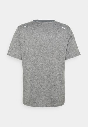 Gray short-sleeve shirt made of soft fabric, featuring a crew neck and subtle design details at the shoulders. No visible logos or patterns.
