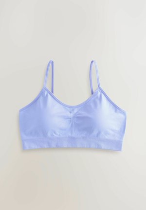 Svijetloplavi bralette od glatkog materijala s tankim podesivim trakama i nabranim središtem. Bez podstave ili žice.