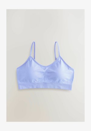 Vaaleanvioletti bralette, joka on valmistettu sileästä kankaasta, ohuilla säädettävillä hihnoilla ja kerätyllä keskiosalla. Ilman pehmusteita tai muotoiltuja johtoja.
