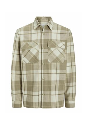Chemise à boutons avec un motif à carreaux vert et beige, deux poches poitrine, et des manches longues avec des poignets à boutons. Fabriquée en tissu texturé.