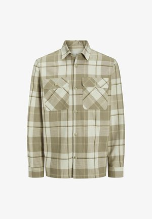 Button-up shirt featuring a green and beige plaid pattern, two chest pockets, and long sleeves with buttoned cuffs. Made of textured fabric.