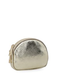 Goldfarbene metallic Münztasche mit abgerundeter Form, strukturierter Oberfläche, Reißverschlussverschluss und kleinen Goldhardware-Details.