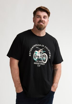 Black cotton t-shirt featuring a motorcycle graphic in white and teal, round neckline, and short sleeves, displayed on a light background.