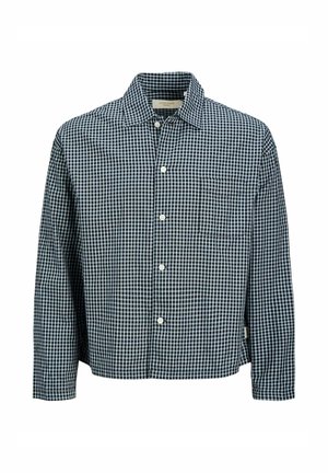 Camicia button-up realizzata in cotone tessuto con motivo a quadri blu navy e bianco. Presenta un colletto a punta e una tasca sul petto. Maniche lunghe.
