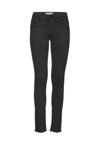 Jean noir slim-fit avec poches avant, passants pour ceinture et fermeture par bouton sur fond blanc.