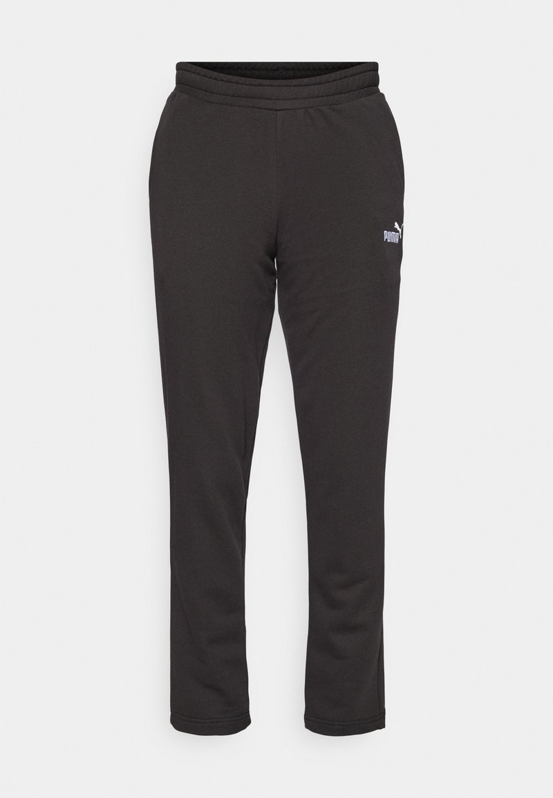 Pantalones de chándal negros hechos de una tela suave, con una cintura elástica y un pequeño logo blanco en la pierna izquierda. Textura lisa con un ajuste holgado.