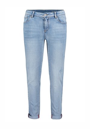 Hellblaue Jeans im Slim-Fit-Stil mit umgeschlagenen Säumen, klassischen Taschen und einem vorderen Knopfverschluss. Dezenter, verblasster Look.