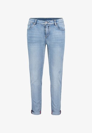 Jasnoniebieskie dżinsy o slim fit, z podwiniętymi mankietami, standardowymi kieszeniami i zapięciem na guzik z przodu. Subtelna struktura wyblakła.