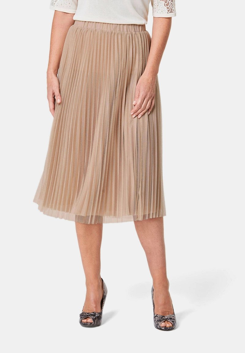 Plissé midi rok gemaakt van lichtgewicht, transparante stof in een zachte beige kleur, met een elastische tailleband en een vloeiende silhouette.