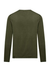 Olive green long-sleeved shirt with a smooth texture, round neck, and a small logo accent near the hem. Simple and fitted design.