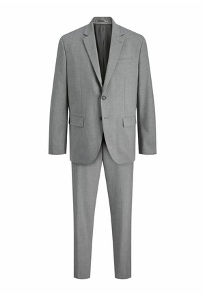 Grijze kostuum met een enkelzijdige jas met notch-revers, twee voorkruiden en bijpassende broek in een gladde, gestructureerde stof.