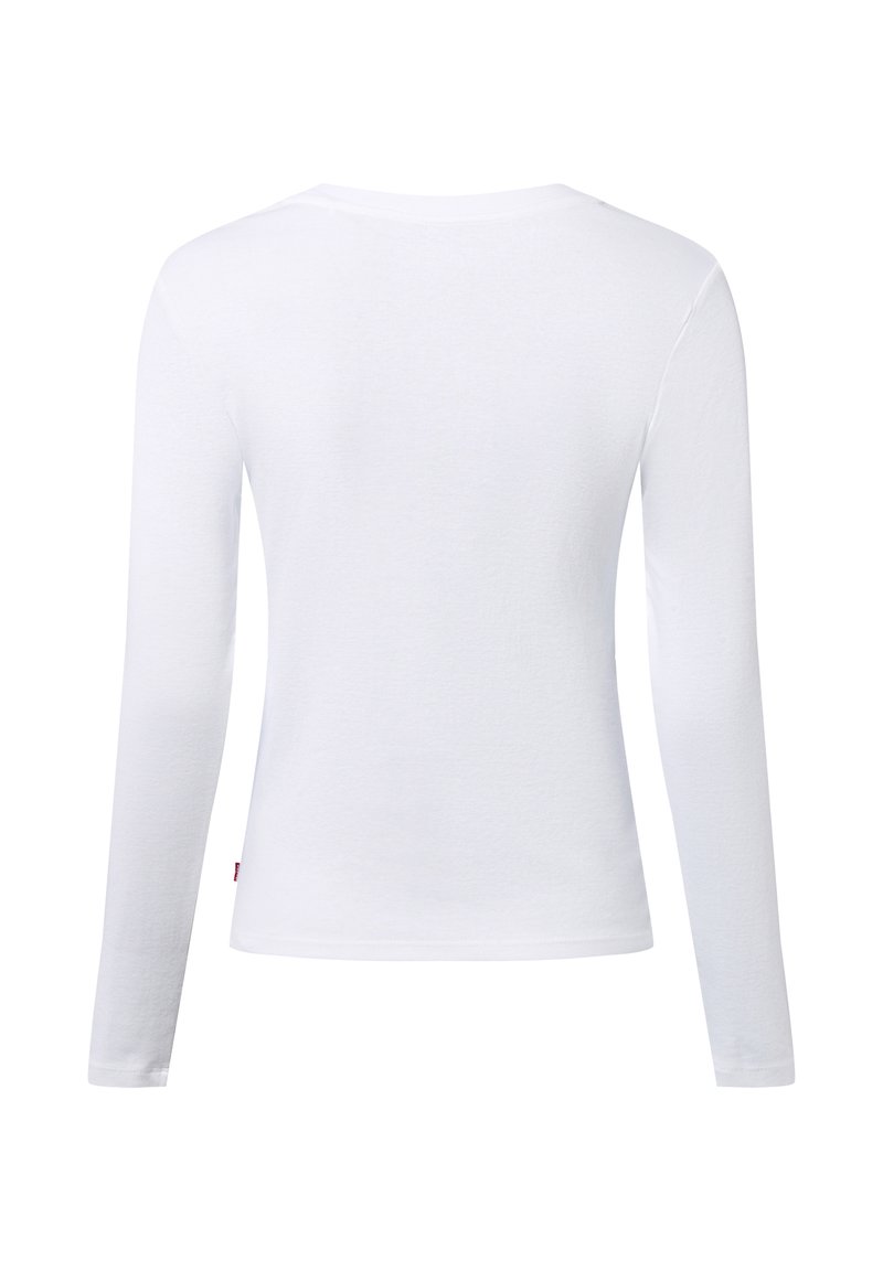 White long-sleeve top made of soft cotton. Features a scoop neck and smooth texture. No visible logos or patterns. Simple design.