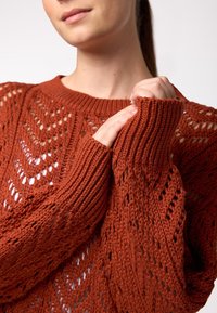 Rustkleurige gebreide trui met een losse pasvorm, textuurpatroon en geribbelde manchetten. Het ontwerp bevat opengewerkte details en chevronmotieven.