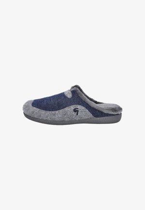Zapatillas tipo slip-on difusas en gris y azul marino con parte superior texturizada, forro suave y suela de goma. Presentan un detalle sutil de logo en el lateral.