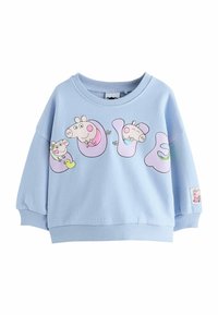Helles blaues Sweatshirt mit Cartoon-Charakteren, Rundhalsausschnitt, langen Ärmeln und gerippten Bündchen. Auffälliger Grafikdruck auf der Vorderseite.