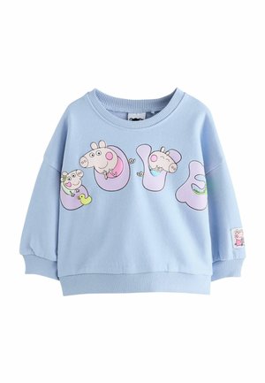 Helles blaues Sweatshirt mit Cartoon-Charakteren, Rundhalsausschnitt, langen Ärmeln und gerippten Bündchen. Auffälliger Grafikdruck auf der Vorderseite.