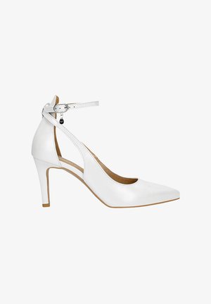 Scarpa alta in pelle bianca con punta appuntita, cinturino alla caviglia e tacco slim. Tessuto liscio con un design minimalista e cuciture sottili.